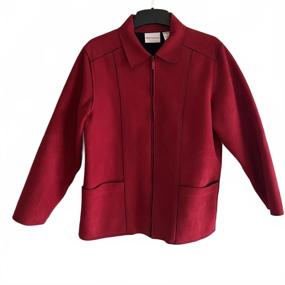 Alfred Dunner Red Faux Suede Zip Up Jacket Women Size 10 Collared Embroidered‎